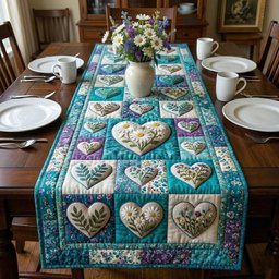 Teal Hearts with Cream Flowers Table Runner - Made to Order TABLE928
