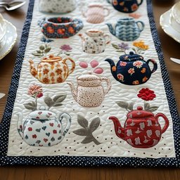 Teapots and Leaf Sprigs on Ivory Table Runner - Made to Order TABLE928