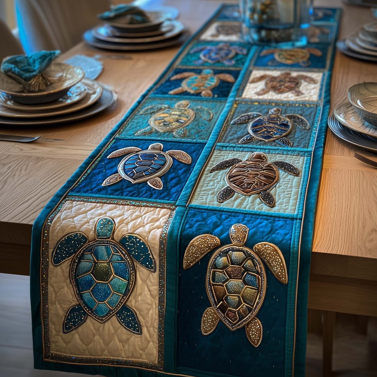 Teal and Cream Turtle Squares Table Runner - Made to Order TABLE928