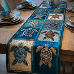 Teal and Cream Turtle Squares Table Runner - Made to Order TABLE928