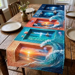 Sunset Ocean Through Wooden Frames Table Runner - Made to Order TABLE928