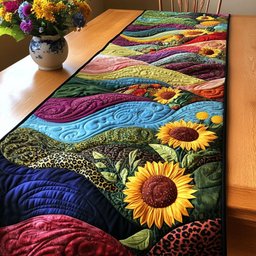 Sunflowers with Rainbow Waves Table Runner - Made to Order TABLE928
