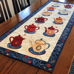 Teapots with a Blue Border Table Runner - Made to Order TABLE928
