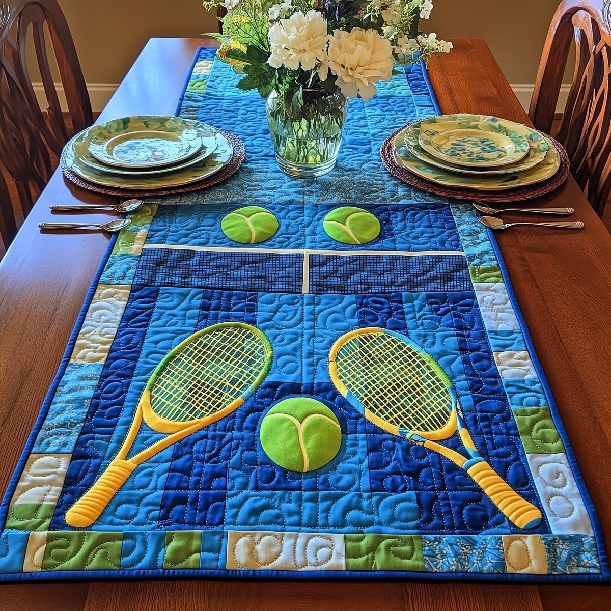 Tennis Rackets and Balls on Blue Table Runner - Made to Order TABLE928