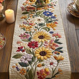 Sunflowers and Cosmos on Cream Table Runner - Made to Order TABLE928