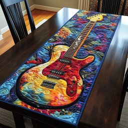 Sunset Bass Guitar on Blue Swirls Table Runner - Made to Order TABLE928