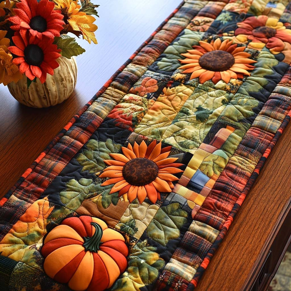 Sunflowers and Pumpkins with Plaid Patches Table Runner - Made to Order TABLE928