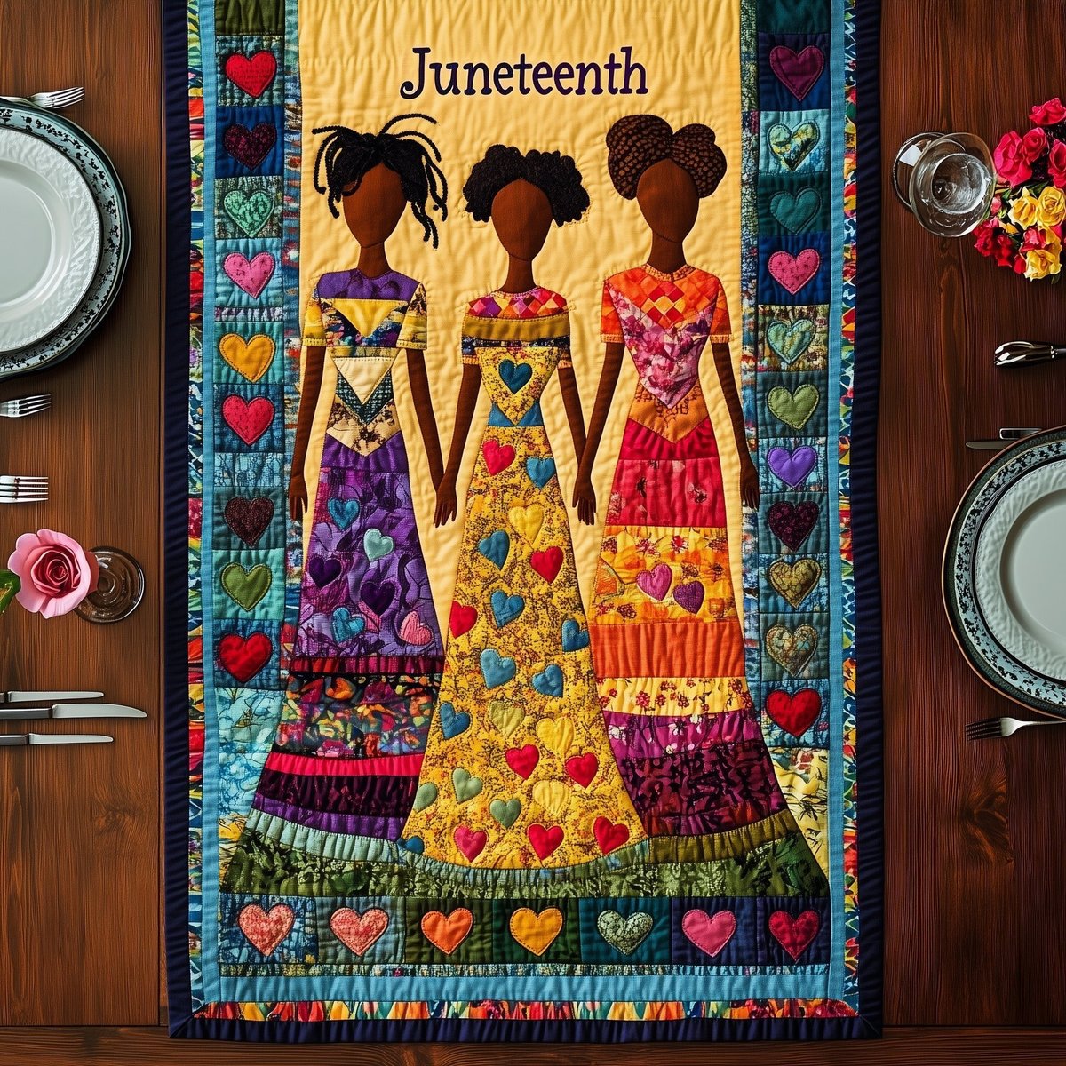 Three Women with Heart Border Table Runner - Made to Order TABLE928