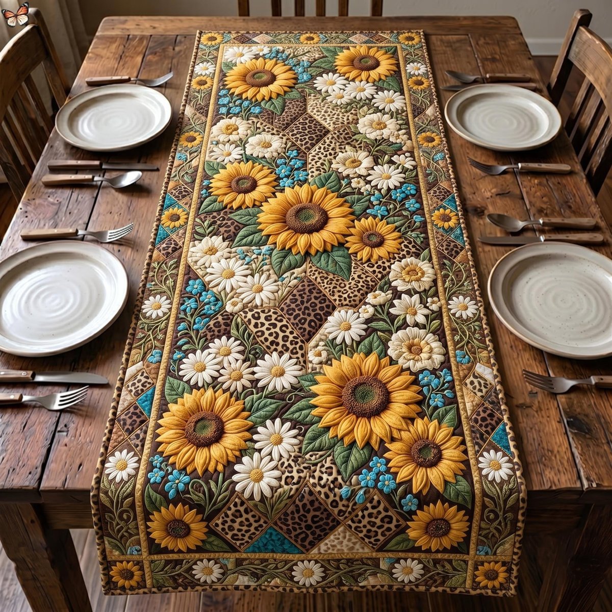 Sunflowers and Daisies with Spotted Border Table Runner - Made to Order TABLE928