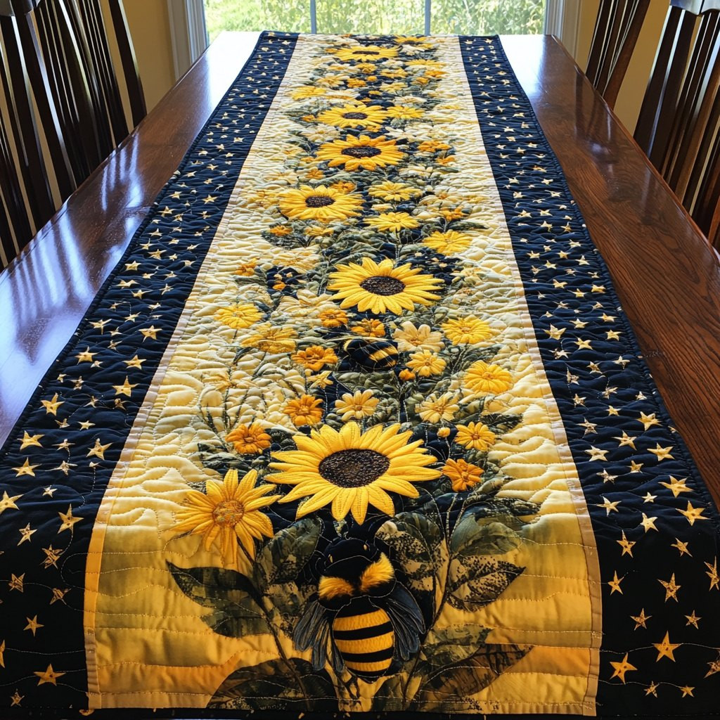 Sunflowers and Bee on Starry Blue Table Runner - Made to Order TABLE928