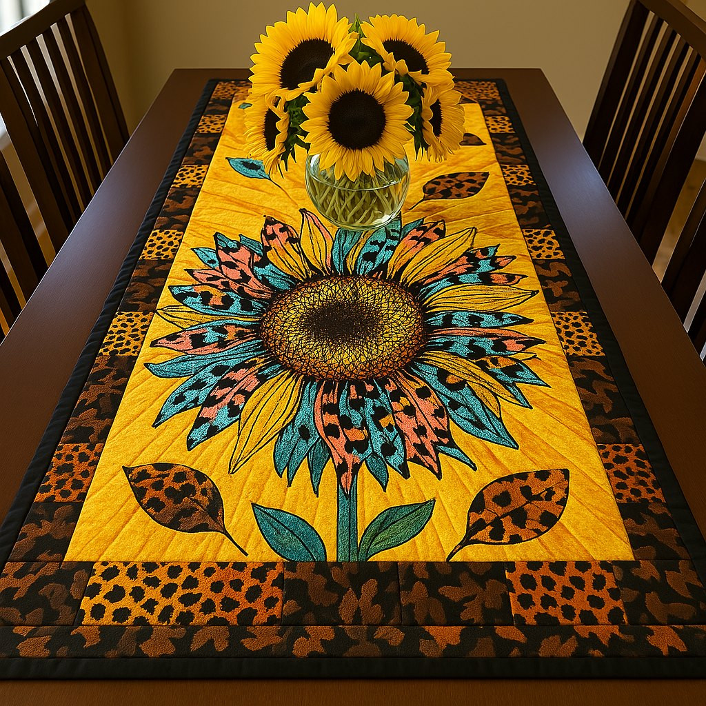 Sunflower with Leopard Print Border Table Runner - Made to Order TABLE928