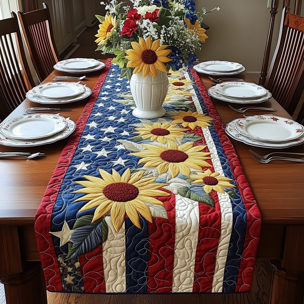 Sunflowers on Stars and Stripes Table Runner - Made to Order TABLE928