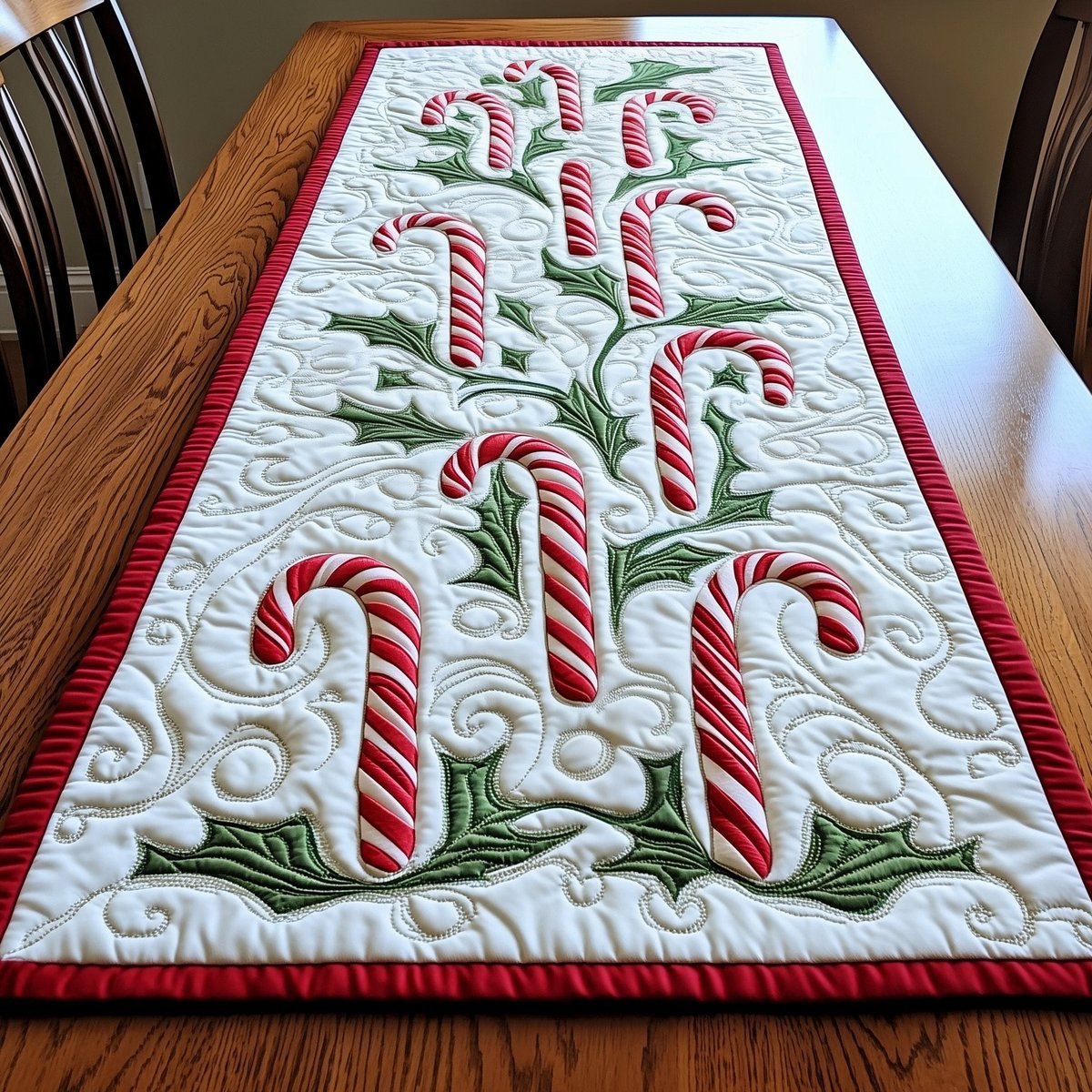 Three Candy Canes with Green Leaves Table Runner - Made to Order TABLE928