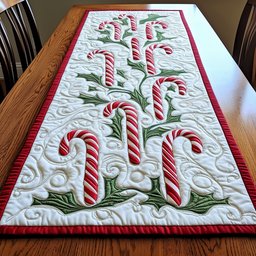 Three Candy Canes with Green Leaves Table Runner - Made to Order TABLE928