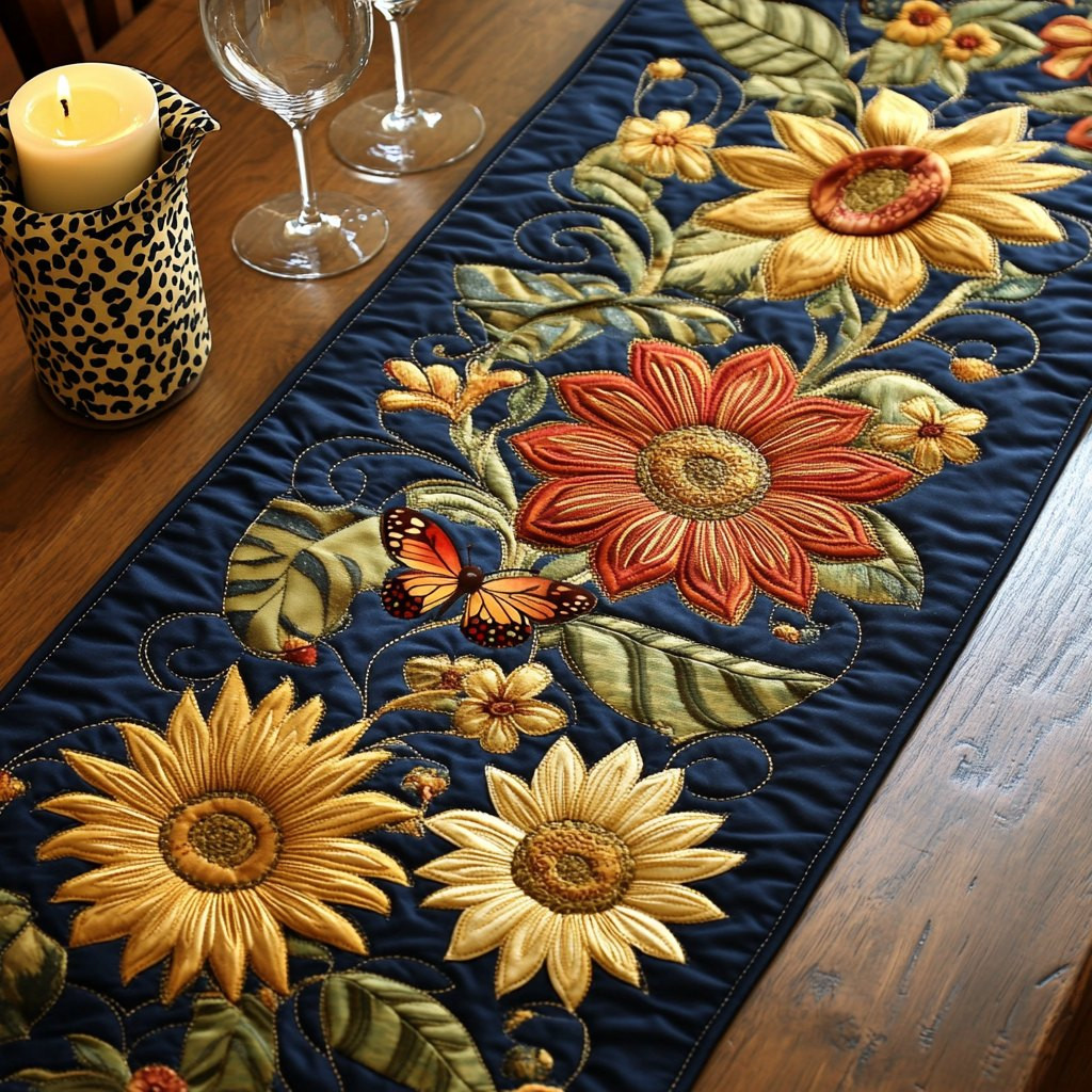 Sunflowers with Ladybug on Navy Table Runner - Made to Order TABLE928