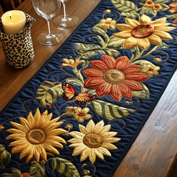Sunflowers with Ladybug on Navy Table Runner - Made to Order TABLE928