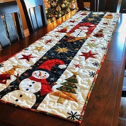 Snowman with Trees and Stars on Black Table Runner - Made to Order TABLE928
