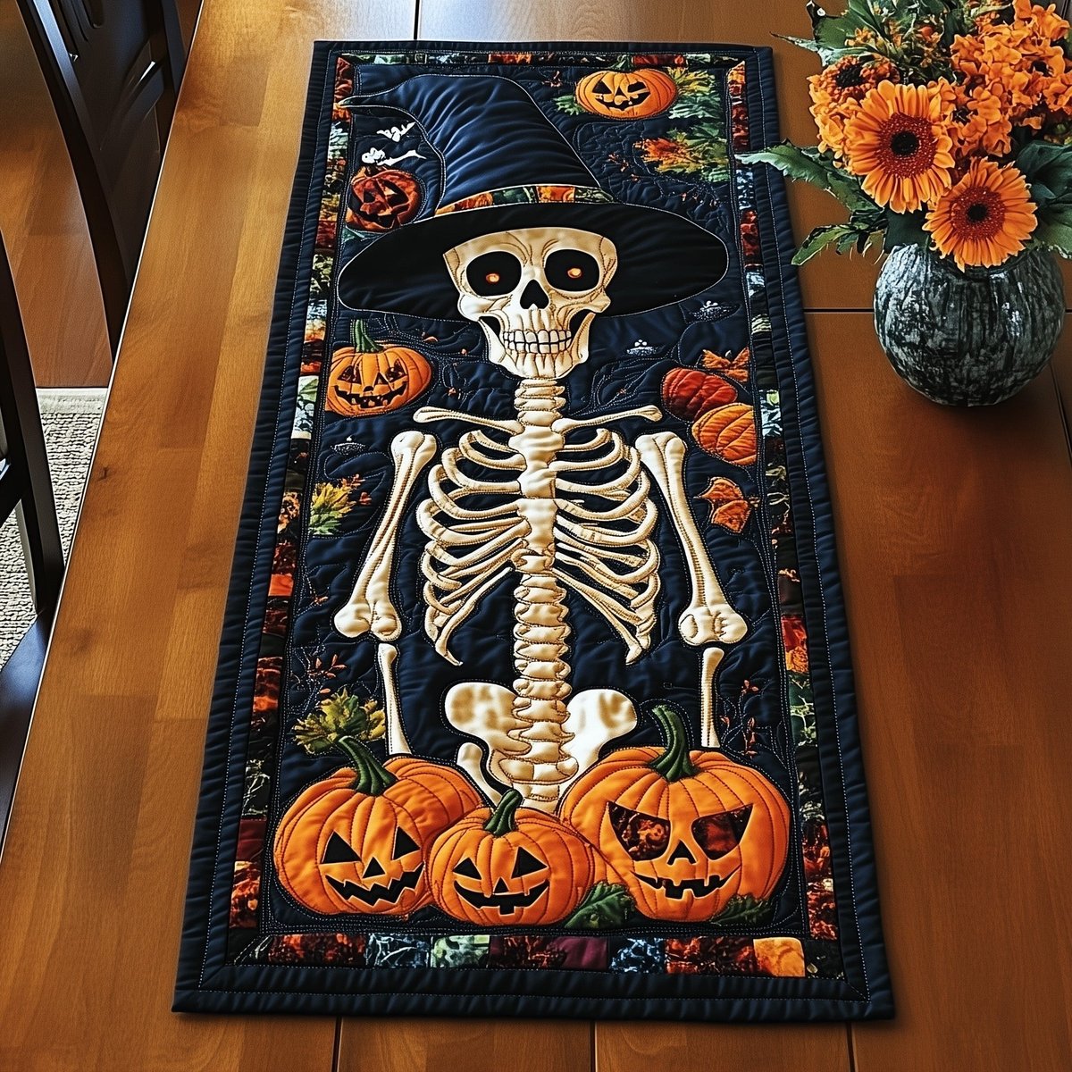 Skeleton Above the Jack o Lanterns Table Runner - Made to Order TABLE928