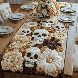 Skulls Among Ivory Blossoms Table Runner - Made to Order TABLE928