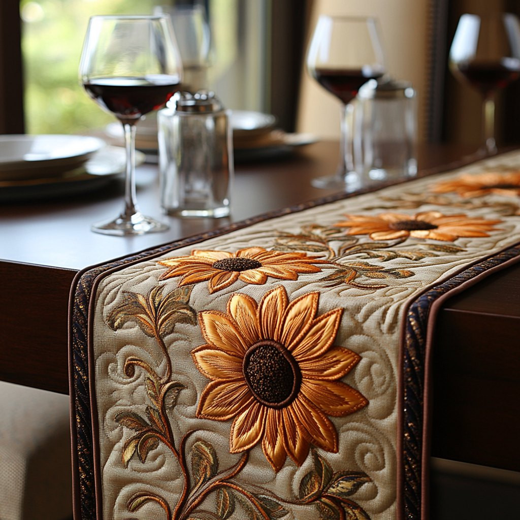 Single Sunflower on Ivory Damask Table Runner - Made to Order TABLE928