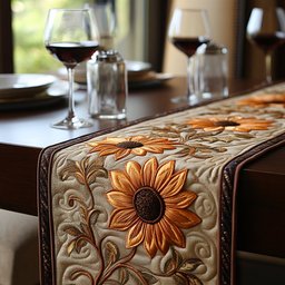 Single Sunflower on Ivory Damask Table Runner - Made to Order TABLE928