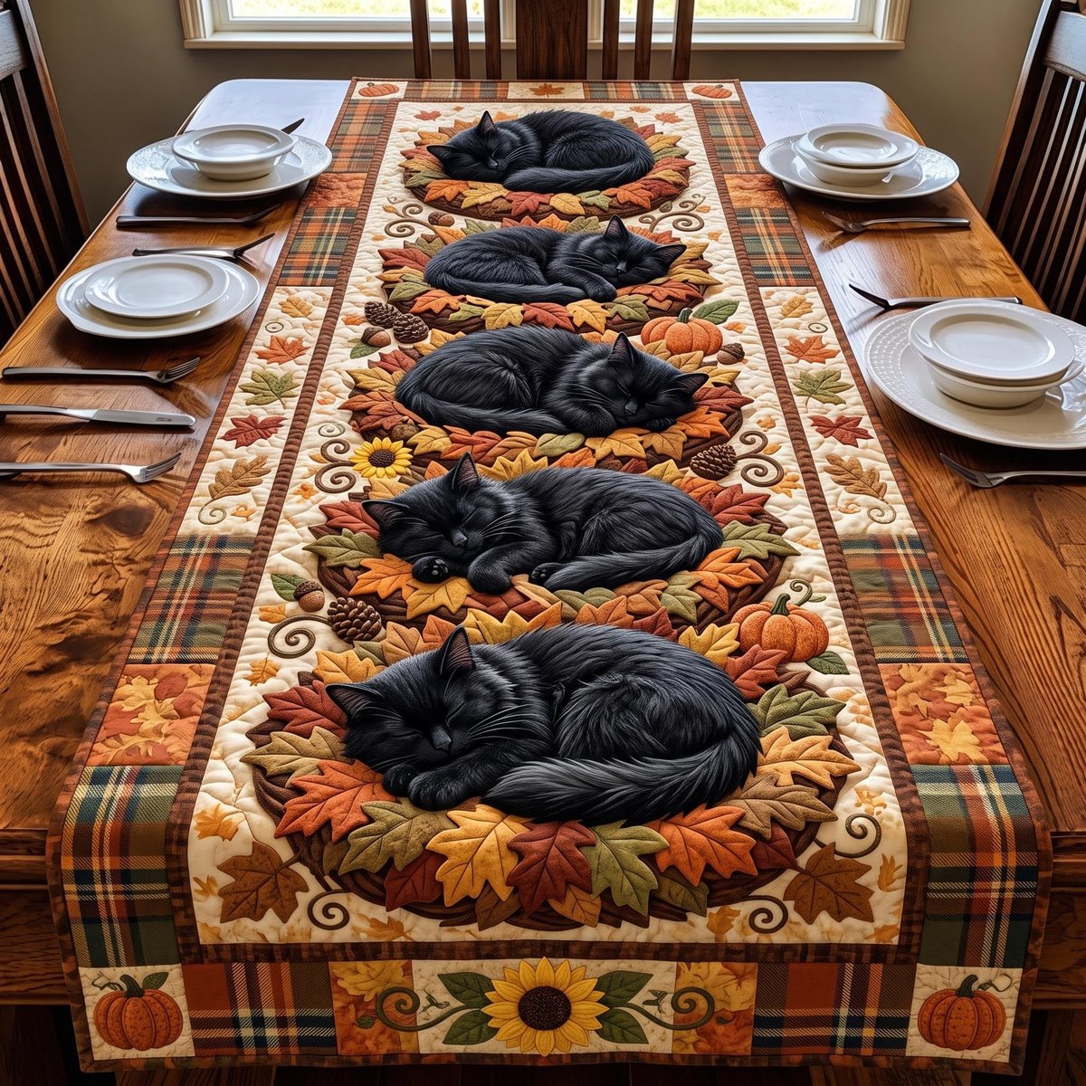 Sleeping Black Cats Among Leaves Table Runner - Made to Order TABLE928