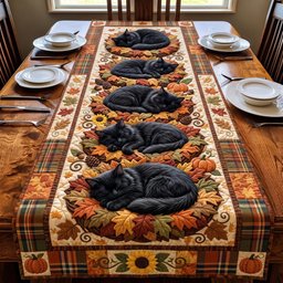 Sleeping Black Cats Among Leaves Table Runner - Made to Order TABLE928