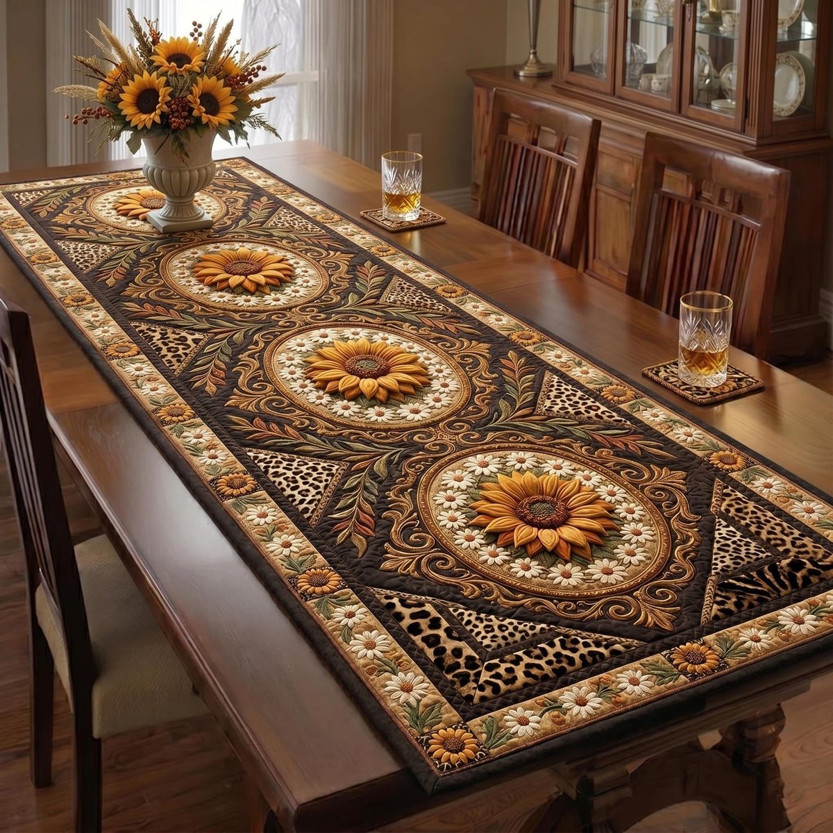 Sunflower Medallions with Leopard Border Table Runner - Made to Order TABLE928