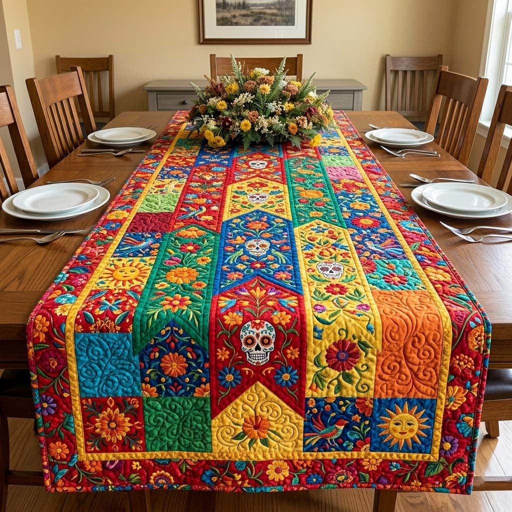 Sugar Skull Fiesta Patchwork Stripes Table Runner - Made to Order TABLE928