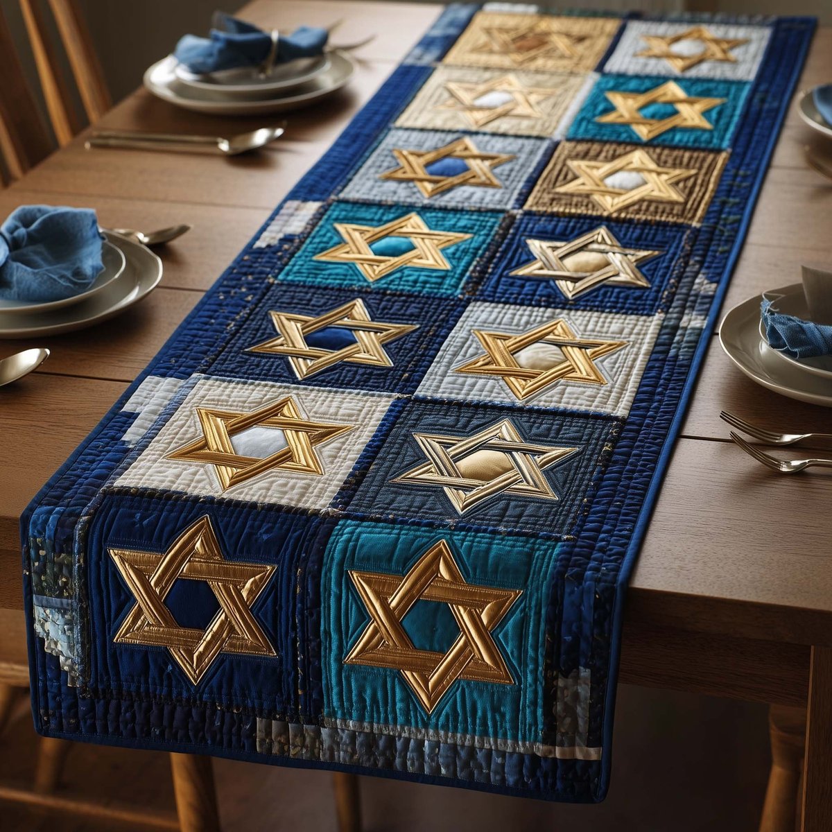 Star of David Squares in Gold Table Runner - Made to Order TABLE928