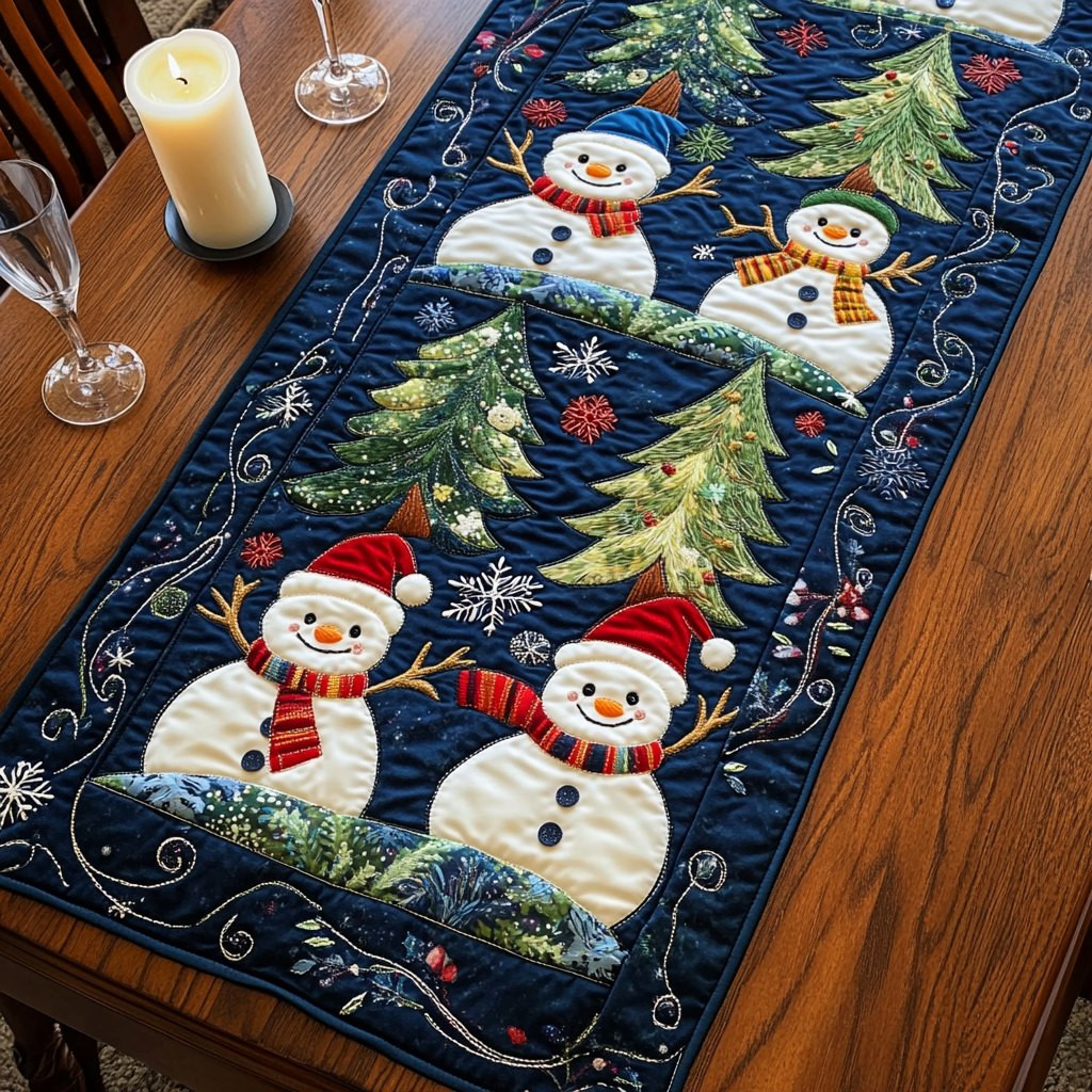Snowmen with Trees on Navy Table Runner - Made to Order TABLE928