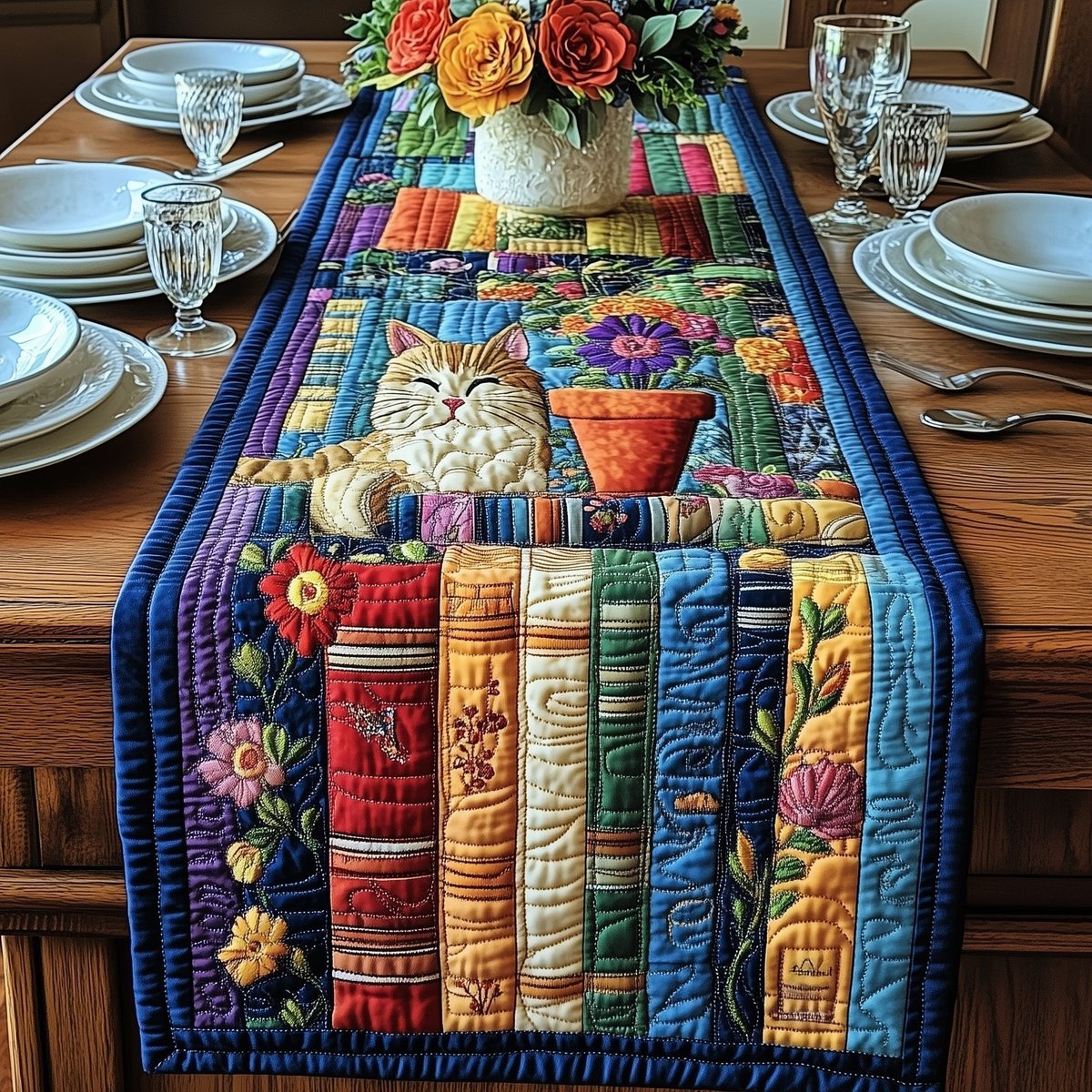 Sleeping Cat on Book Row Table Runner - Made to Order TABLE928