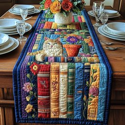 Sleeping Cat on Book Row Table Runner - Made to Order TABLE928