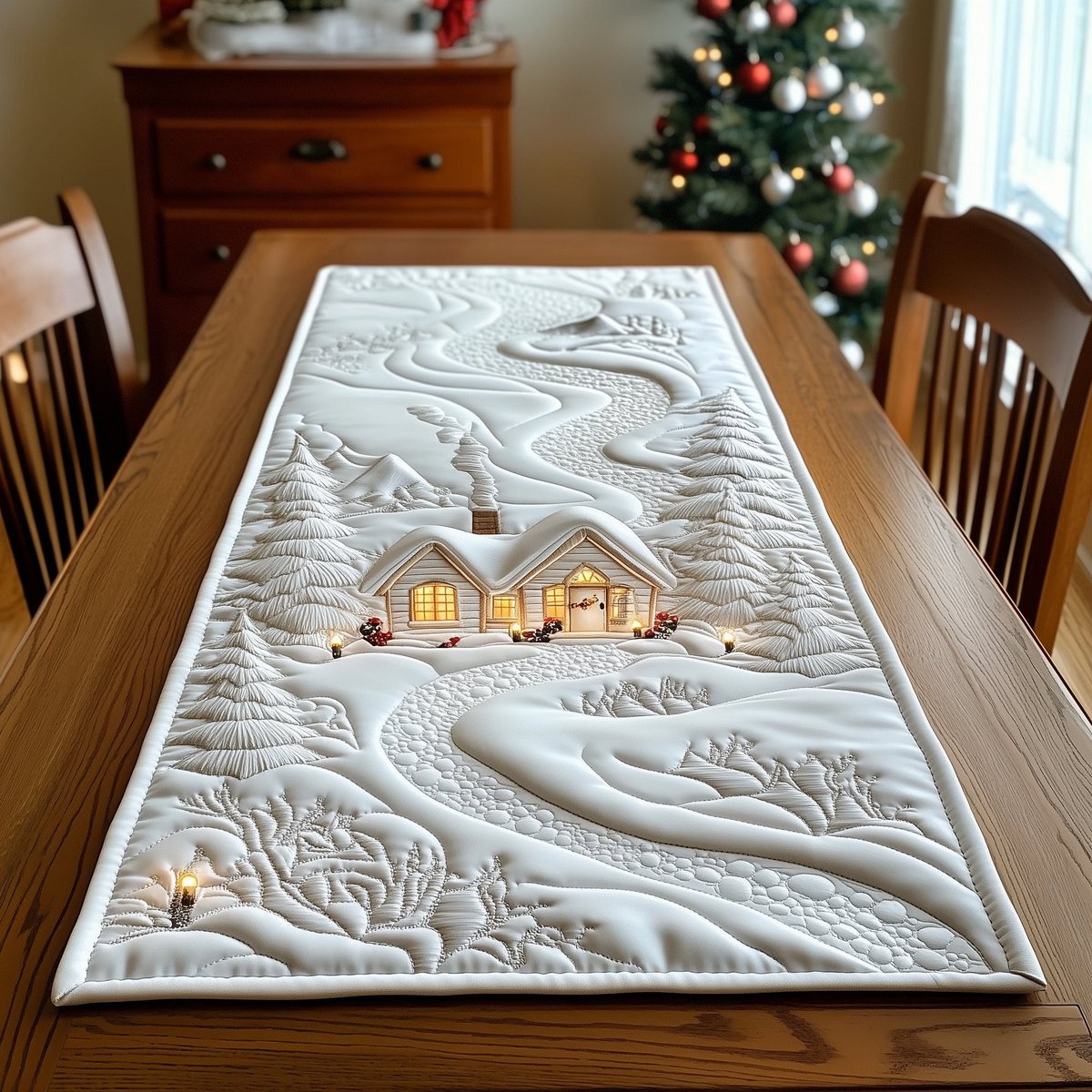 Snow Cottage with Lit Windows Table Runner - Made to Order TABLE928