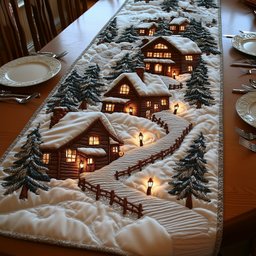 Snowy Cabin with Lit Path Table Runner - Made to Order TABLE928