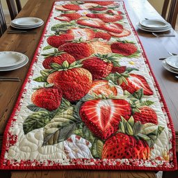 Sliced Strawberries with Green Leaves Table Runner - Made to Order TABLE928