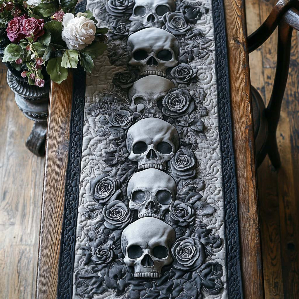 Silver Skulls Among Grey Roses Table Runner - Made to Order TABLE928