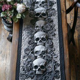 Silver Skulls Among Grey Roses Table Runner - Made to Order TABLE928