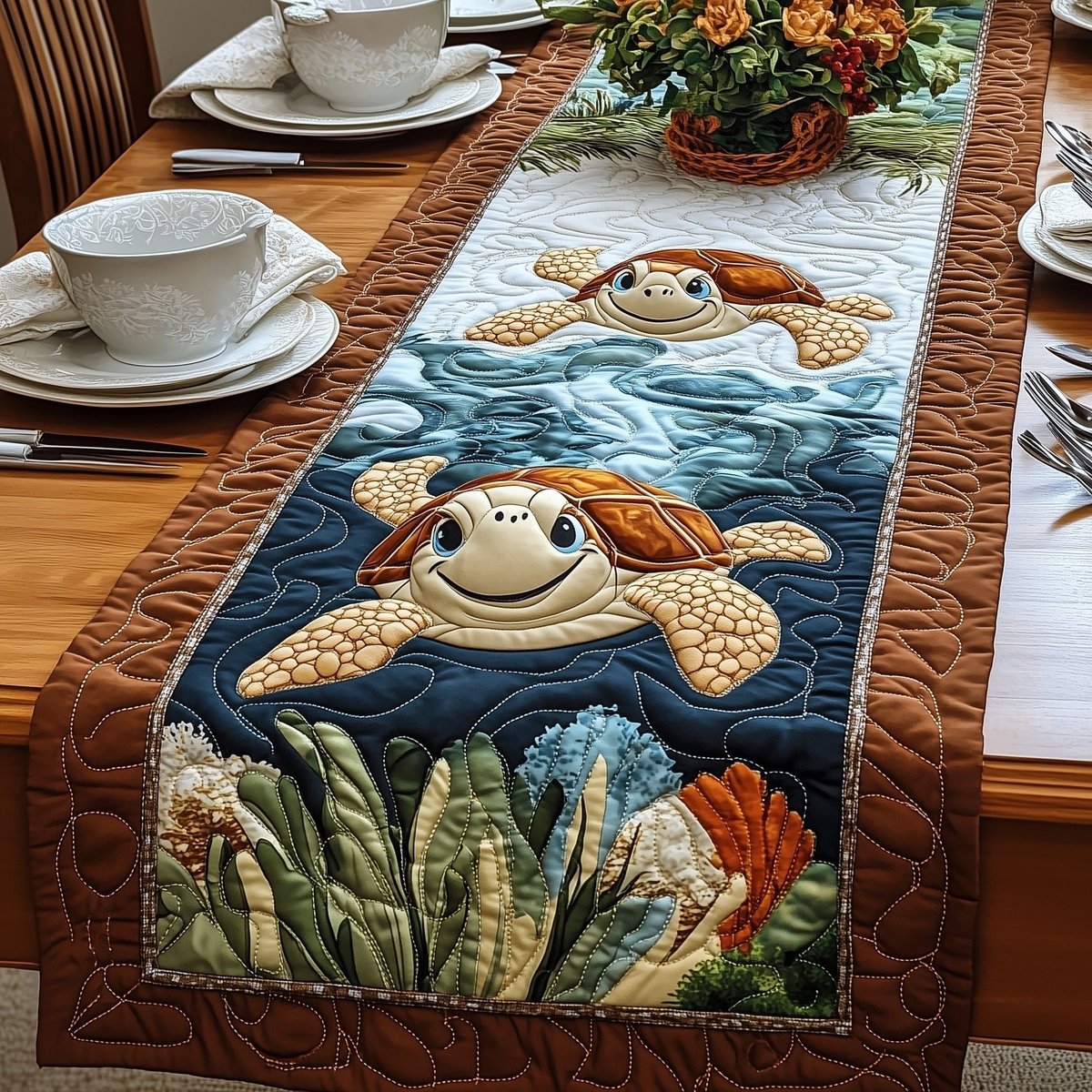 Smiling Turtle in Blue Water Table Runner - Made to Order TABLE928