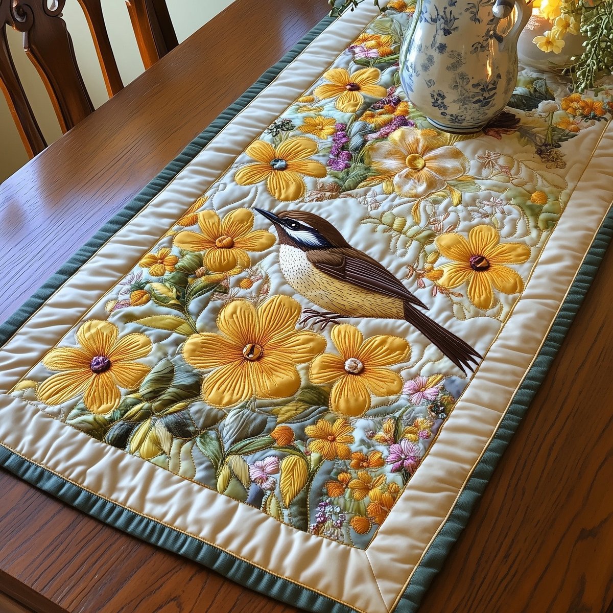 Songbird in Yellow Flowers with Blue Trim Table Runner - Made to Order TABLE928