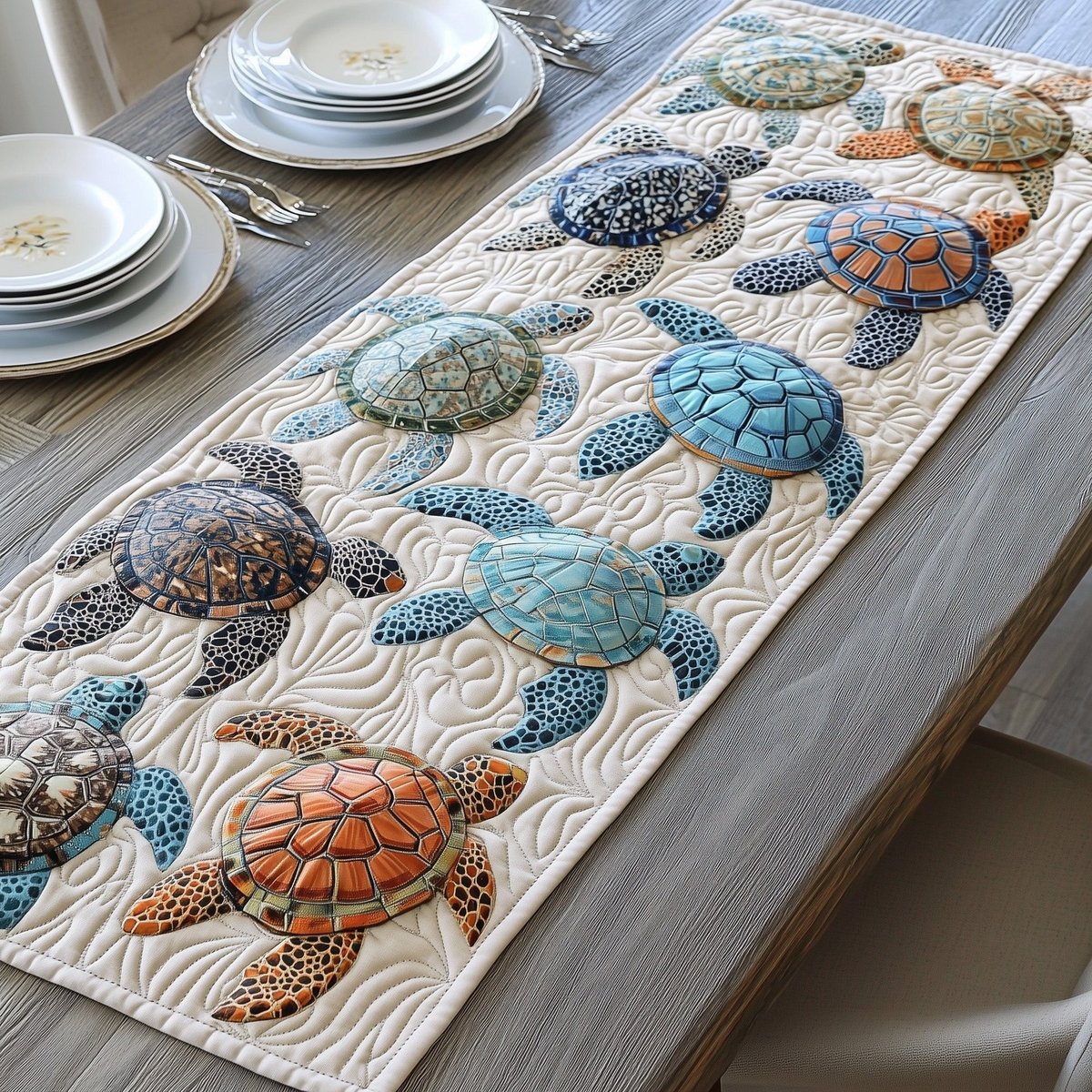 Speckled Turtles Swimming on Cream Table Runner - Made to Order TABLE928