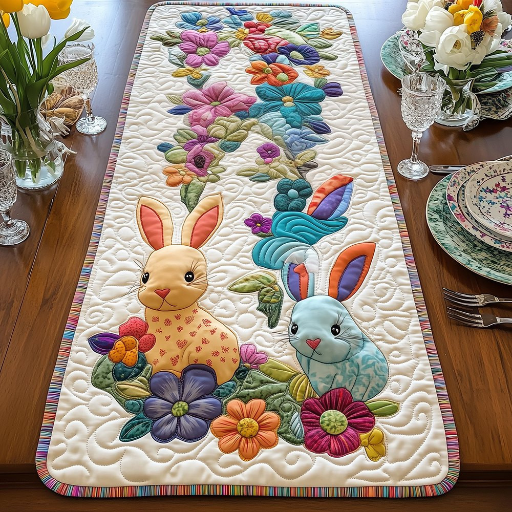 Spotted Bunnies with Bright Flowers Table Runner - Made to Order TABLE928