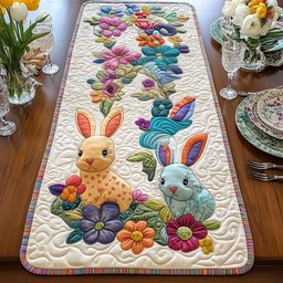 Spotted Bunnies with Bright Flowers Table Runner - Made to Order TABLE928