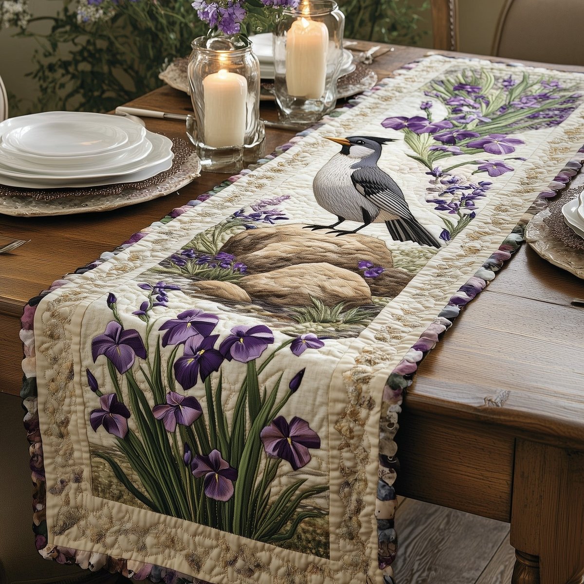 Songbird on Rock with Irises Table Runner - Made to Order TABLE928