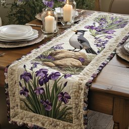 Songbird on Rock with Irises Table Runner - Made to Order TABLE928