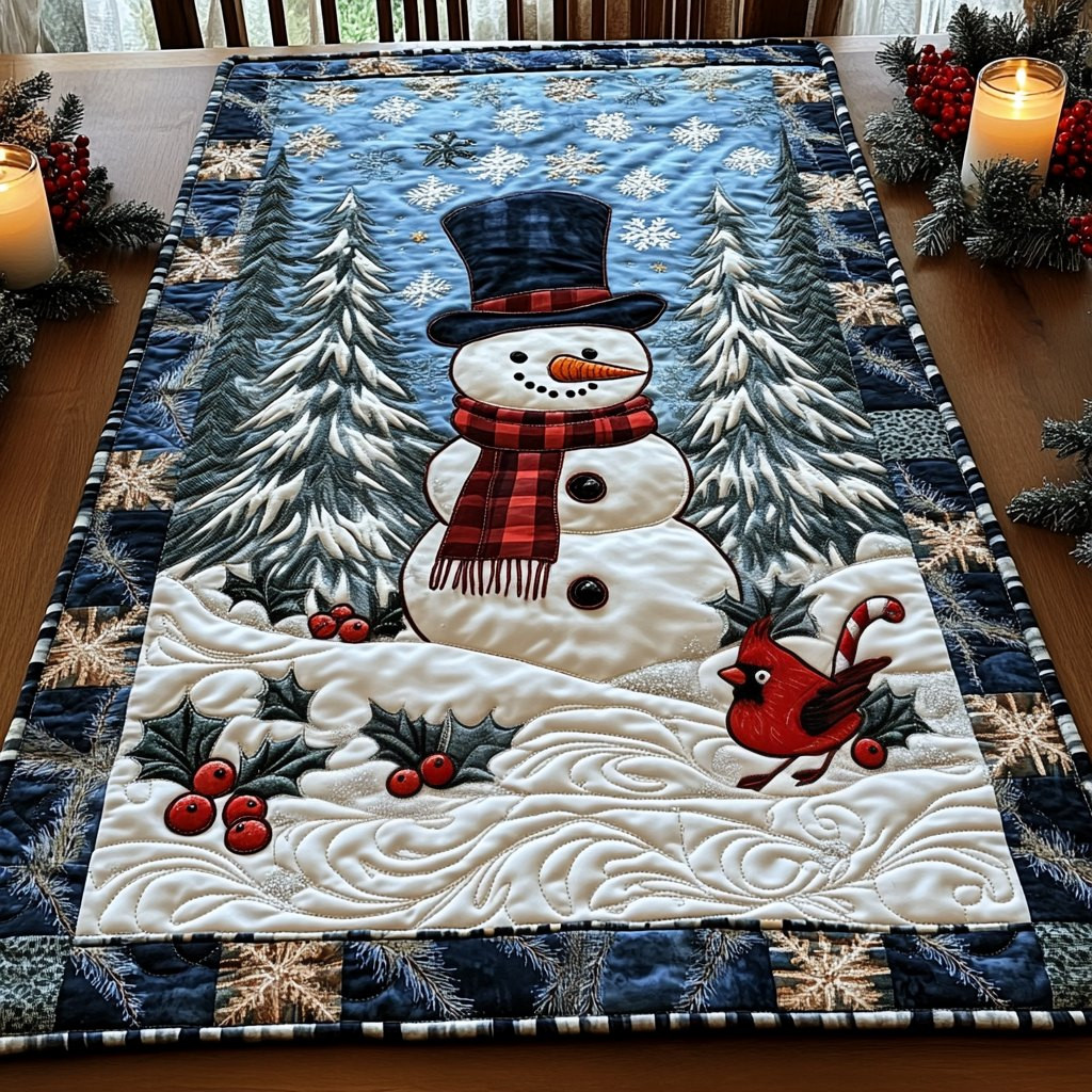 Snowman Among Pines on Blue Table Runner - Made to Order TABLE928