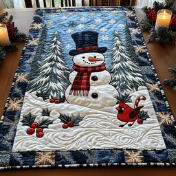 Snowman Among Pines on Blue Table Runner - Made to Order TABLE928