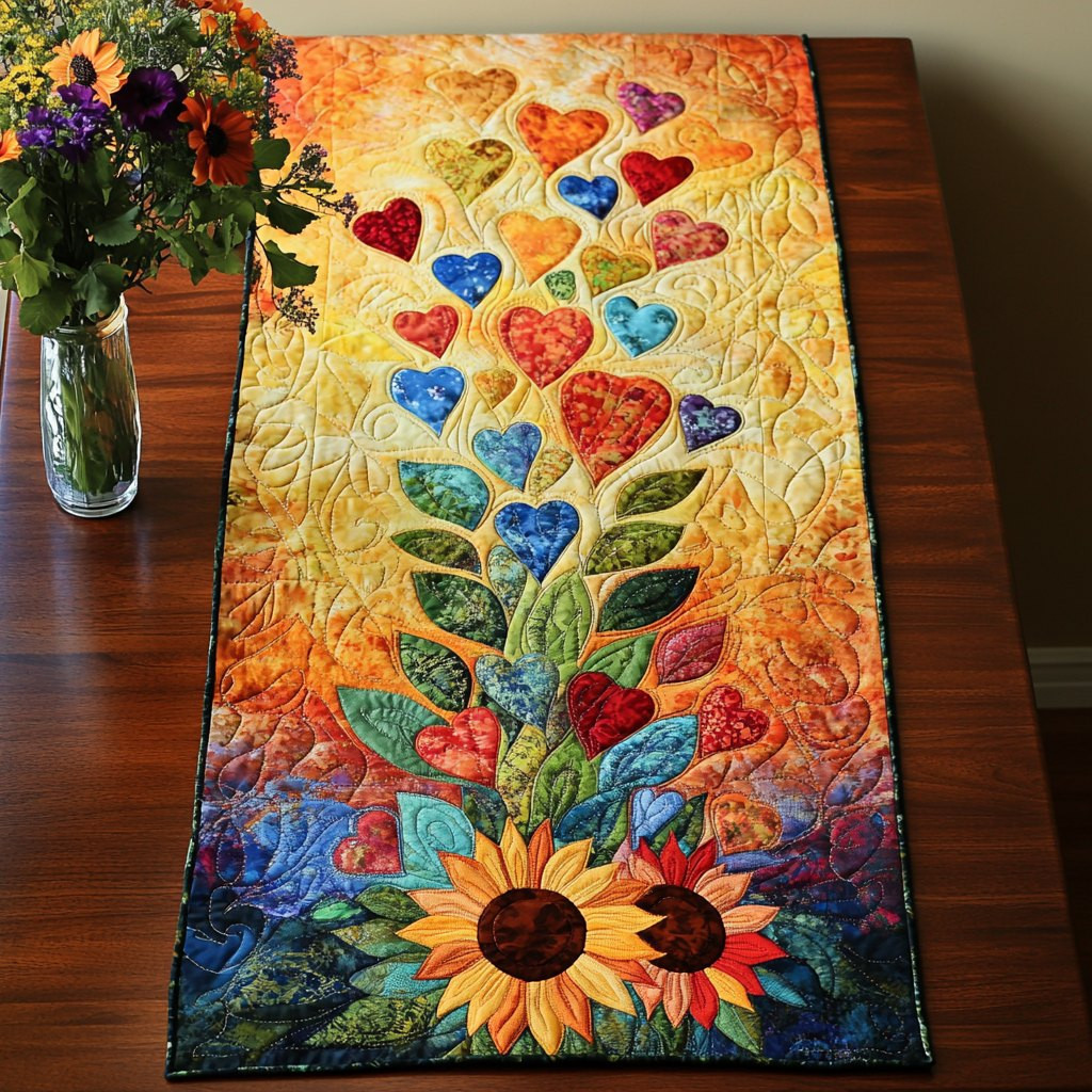 Sunflower and Hearts on Gold Vine Table Runner - Made to Order TABLE928