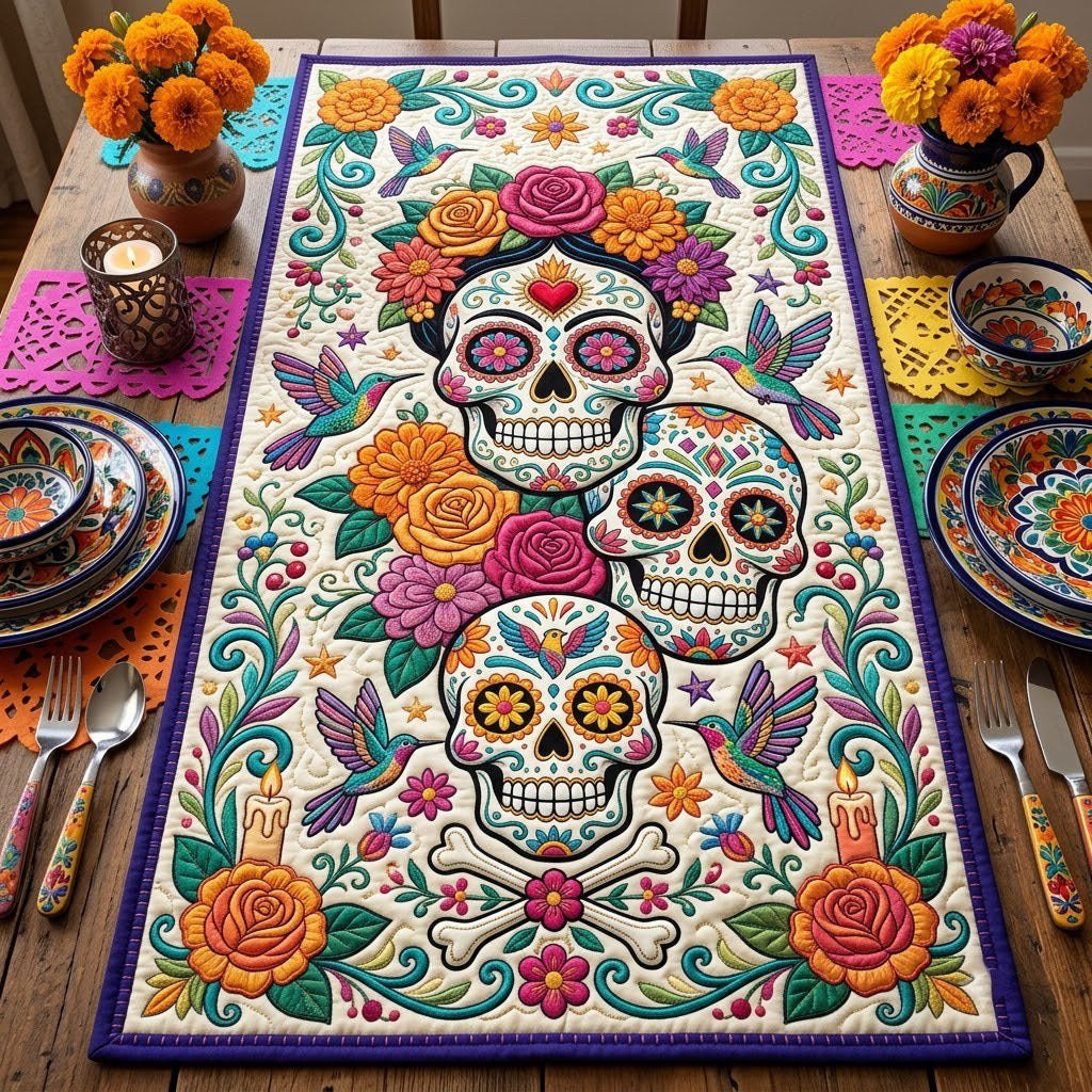 Sugar Skulls with Roses and Birds Table Runner - Made to Order TABLE928