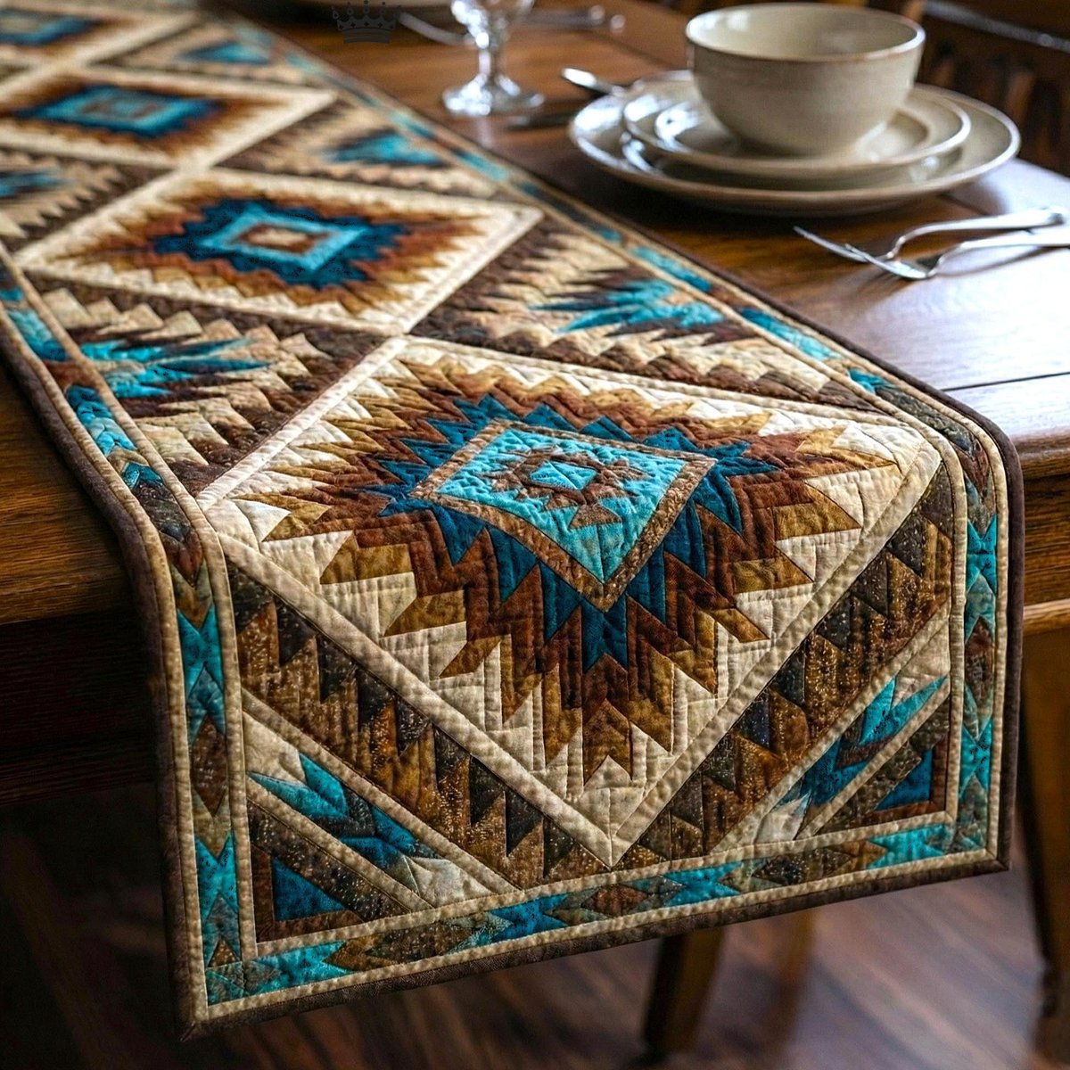 Southwest Pattern in Teal and Gold Table Runner - Made to Order TABLE928